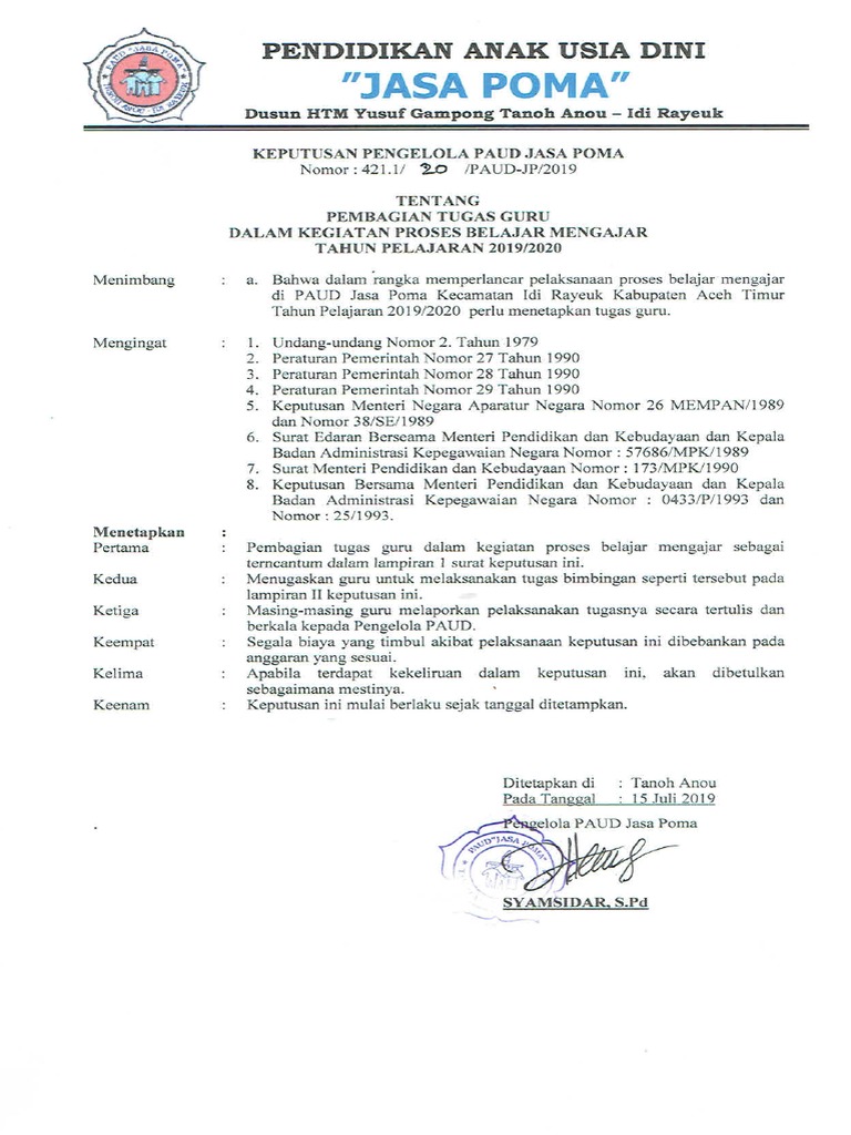 Download Contoh Sk Pembagian Tugas Mengajar Paud