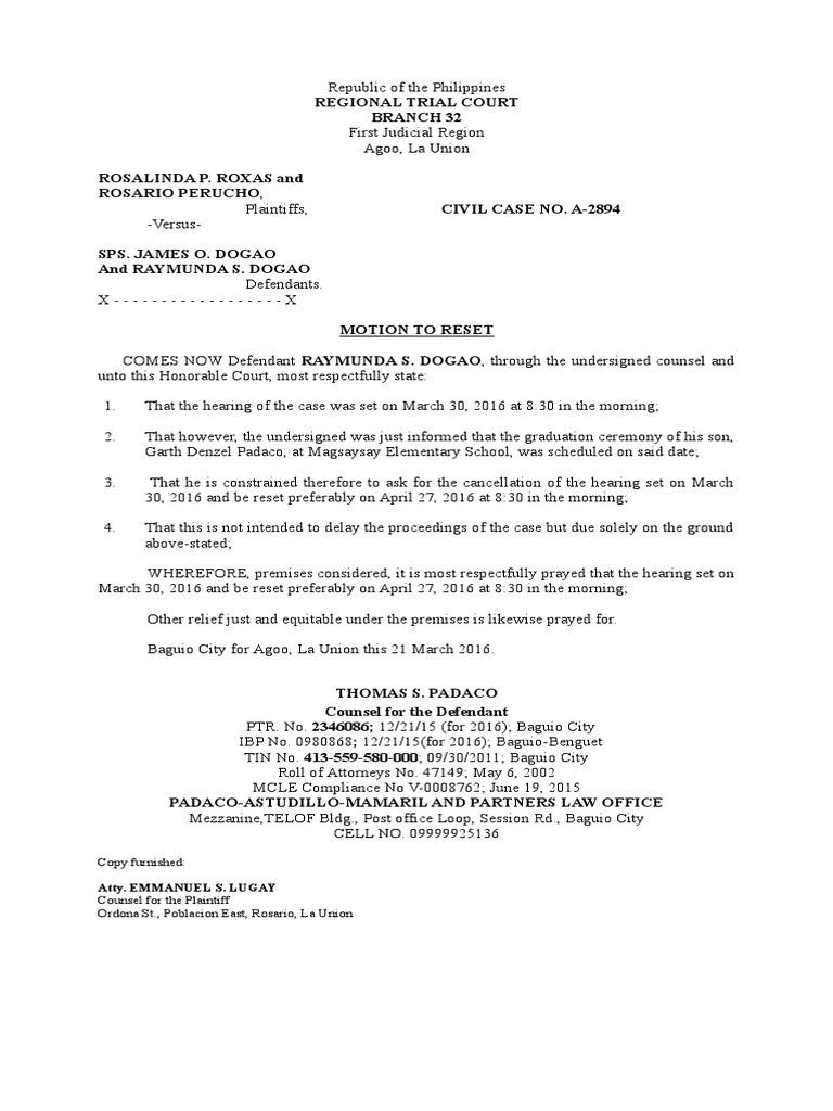 Motion to Reset Hearing Date | PDF | Virtue | Social Institutions
