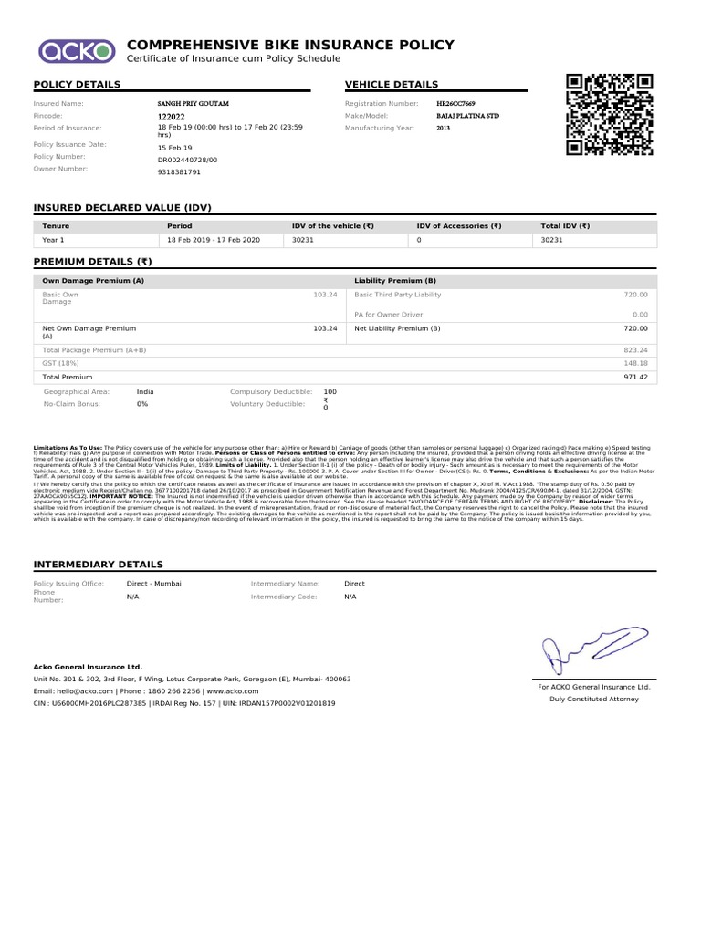 Acko Bike Policy Dbcr00002440728 00 Liability Insurance Insurance Policy
