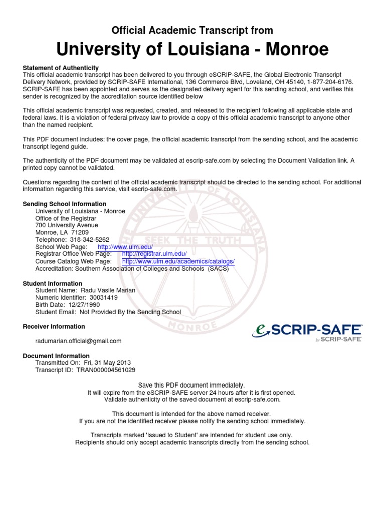 ULM Official Transcript PDF | PDF | Course Credit | World Wide Web