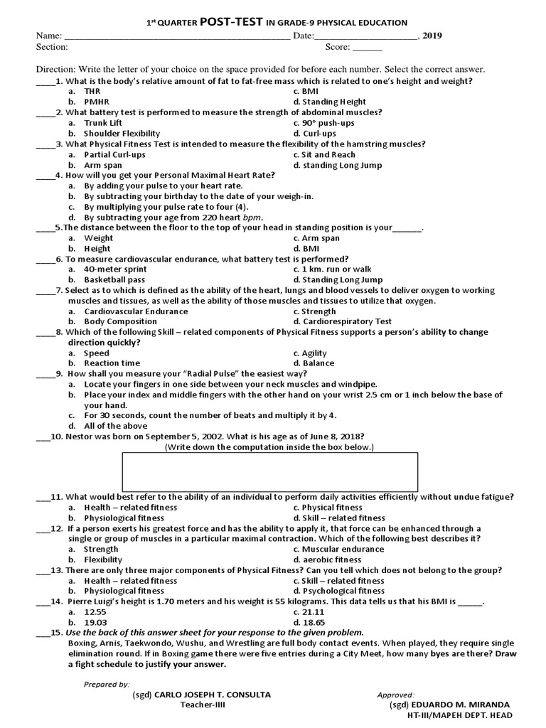 Grade 9 PE 1st Quarter Post-Test | PDF | Physical Fitness | Heart