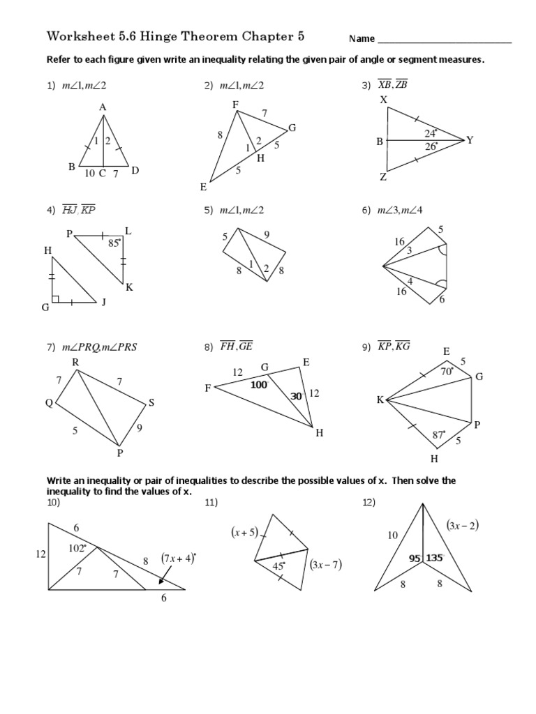 Hinge Theorem Worksheet 5.6 | PDF | Teaching Mathematics | Mathematical ...