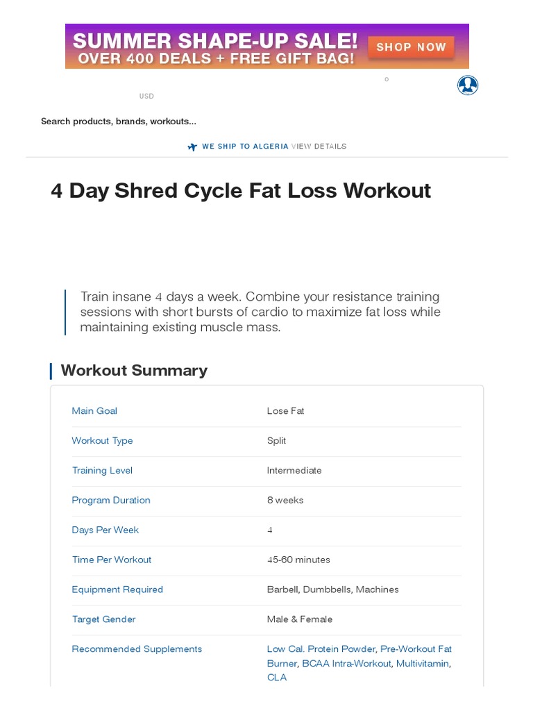 4 Day Shred Cycle Fat Loss Workout Muscle & Strength PDF Strength