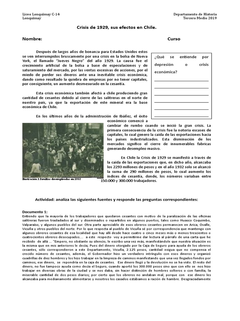 Crisis Del 29 en Chile Guia de Actividades. | PDF | Gran depresion ...