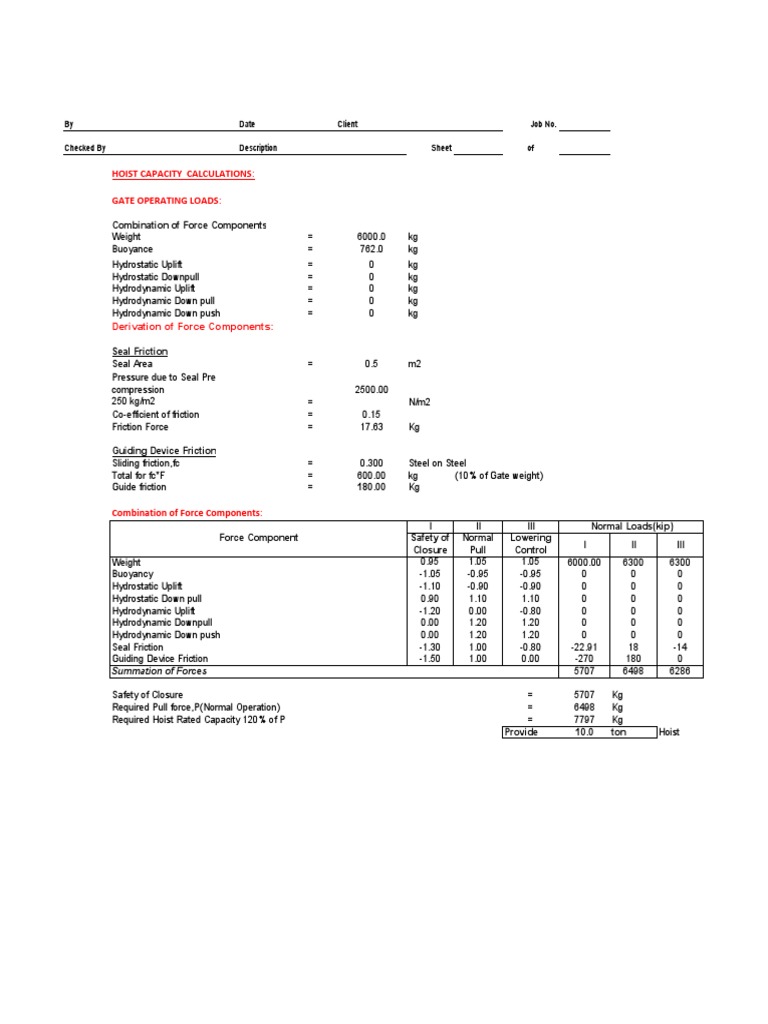 Hoist Capacity Calculations Gate Operating Loads Combination of