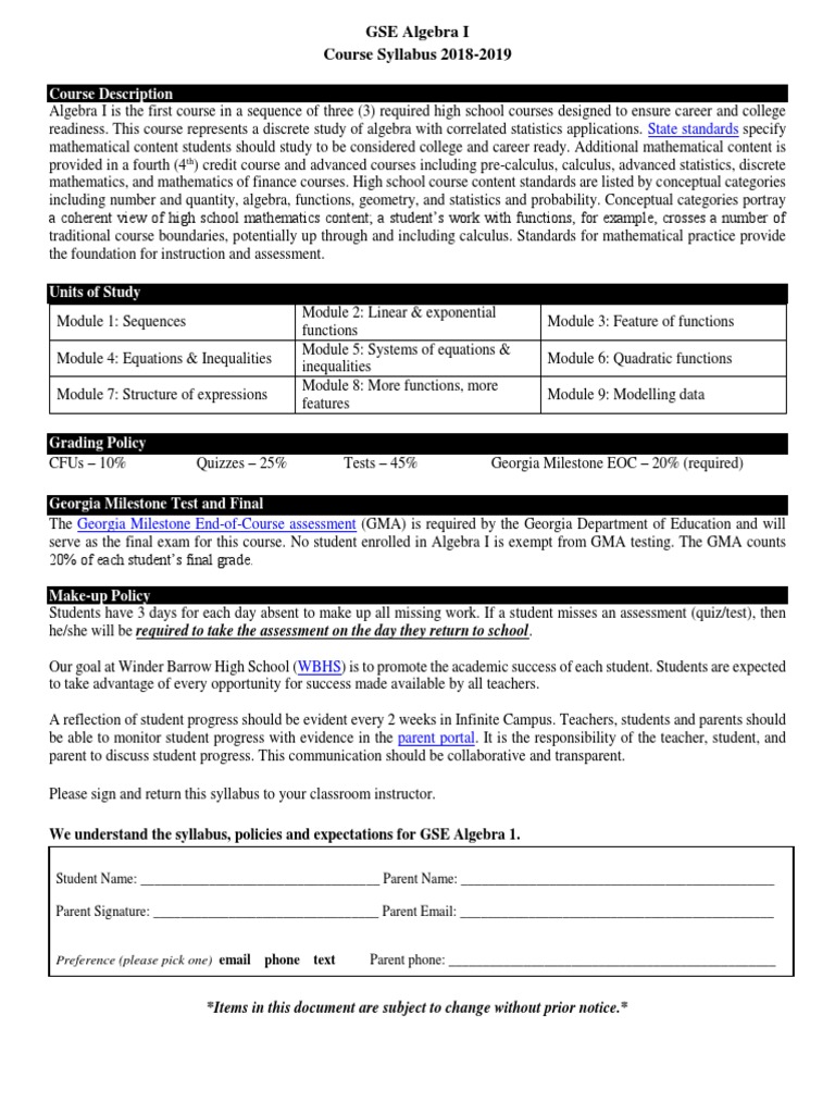 GSE Algebra I Syllabus 2018-2019 | PDF | Academic Dishonesty | Teachers