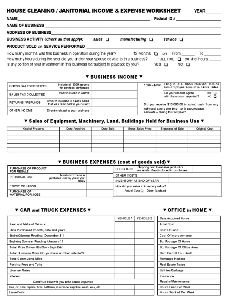 House Cleaning / Janitorial & Expense Worksheet Full Time YES