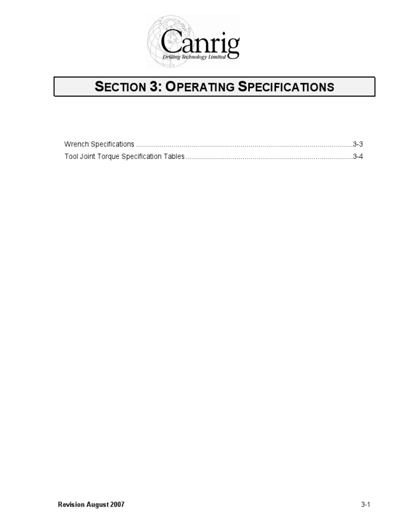 Specifications for Canrig Torque-Matic Floor Wrenches and Recommended ...