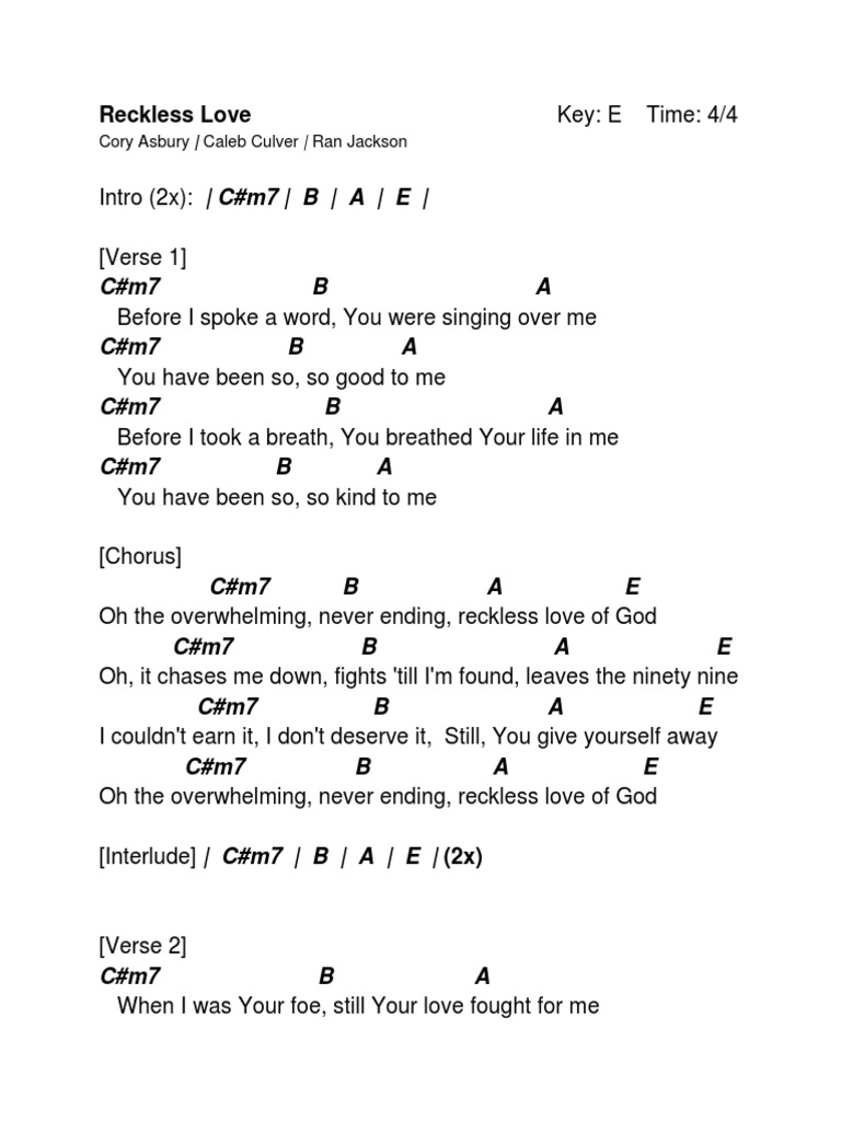 Reckless Love Chart - Key of E | PDF | Song Structure | Pop Songs
