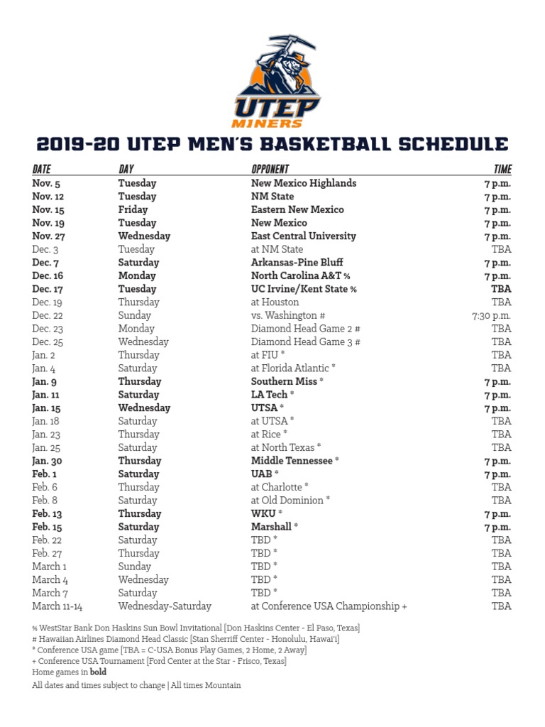 20192020 UTEP Men's Basketball Schedule Ncaa Football Ncaa