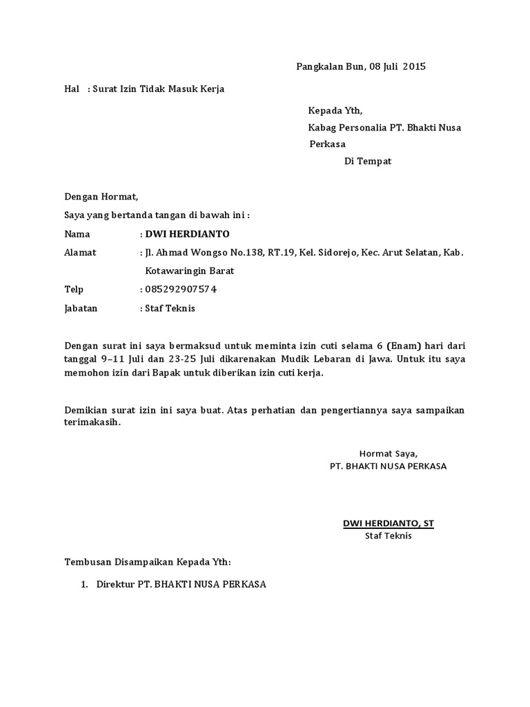 Contoh Surat Tidak Masuk Kerja