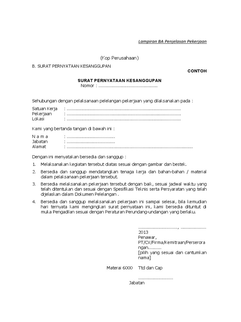 Contoh Surat Kesanggupan