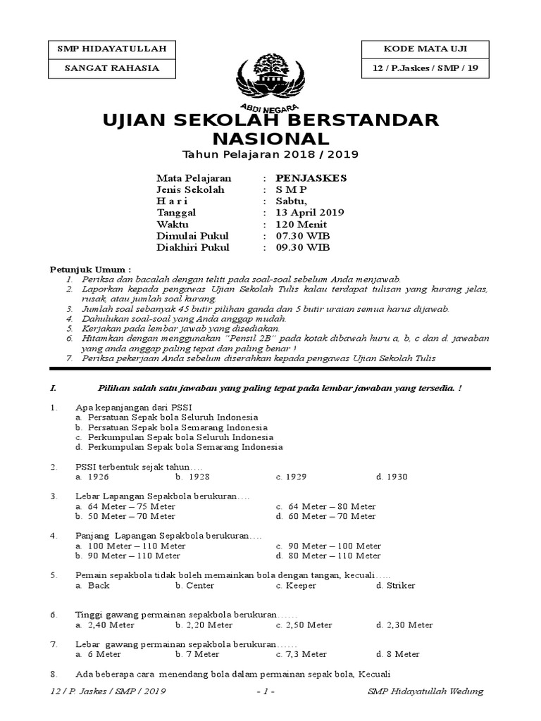 Contoh Soal Usbn Pjok Smp