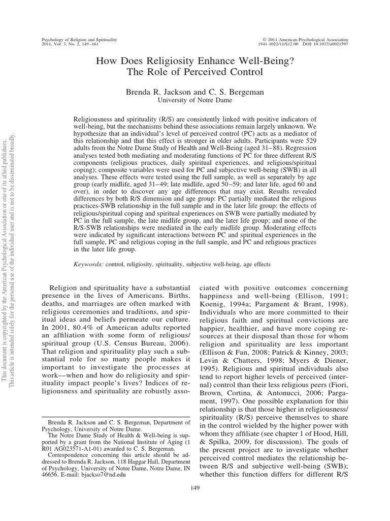 2011 How Does Religiosity Enhance Well-Being PDF | PDF | Psychological ...