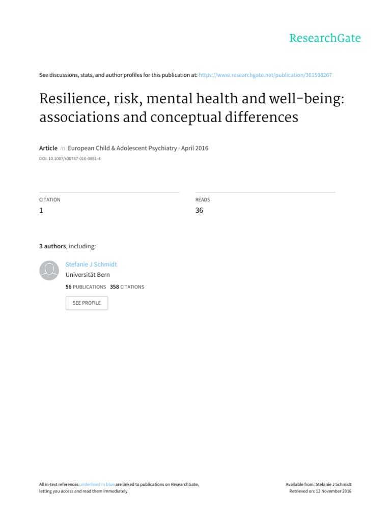 2016 Resilience, Risk, Mental Health and Well-Being Associations and ...