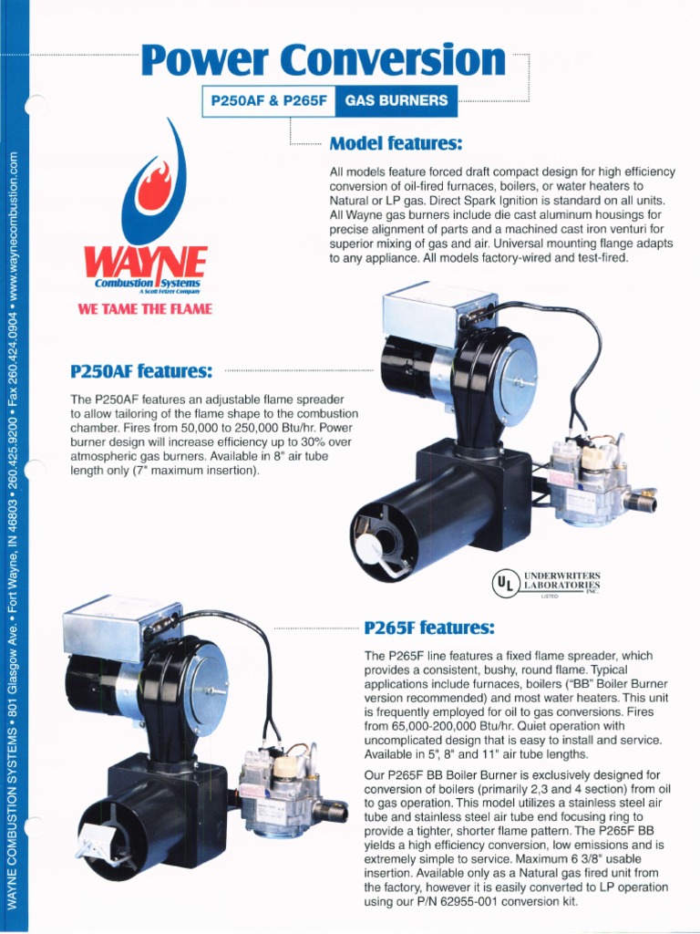 Wayne P250AF P265F Gas Burner Spec Sheet PDF Energy Conversion Gases