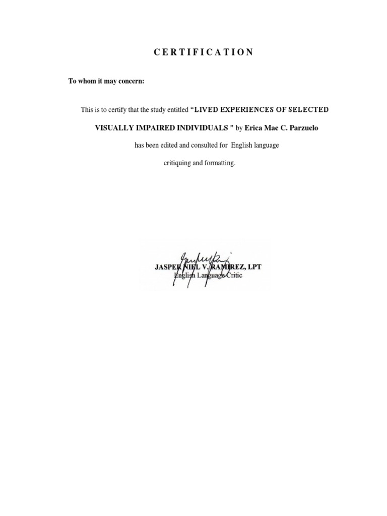 Certification "Lived Experiences of Selected Visually Impaired