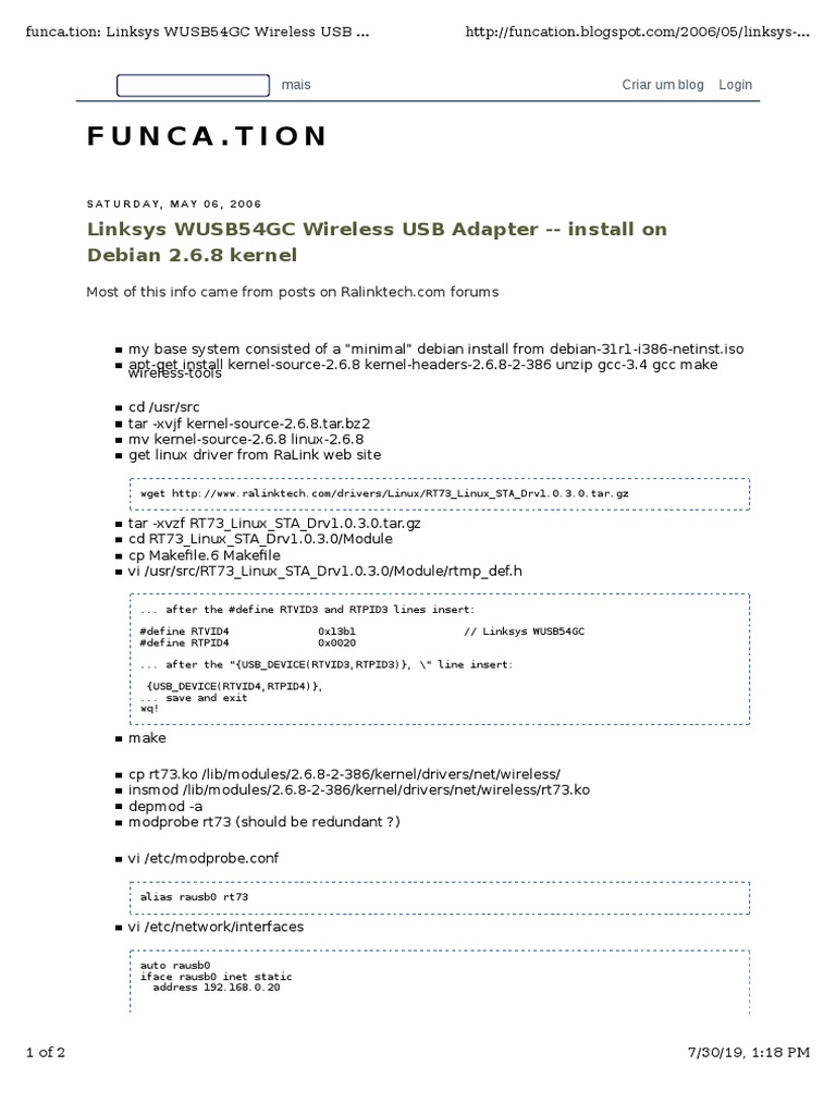 Linksys WUSB54GC Wireless USB Adapter Install On Debian 2.6.8 Kernel