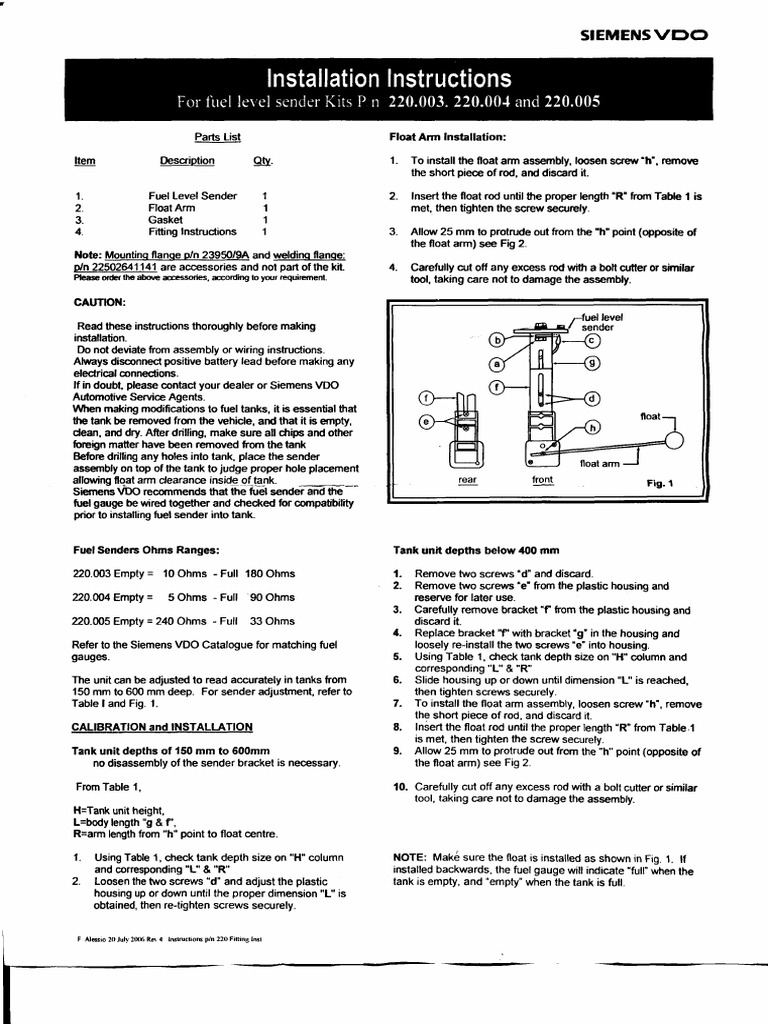 VDO Fuel Level Sender Install. Instruct. (220.003, 220.004, 220.005