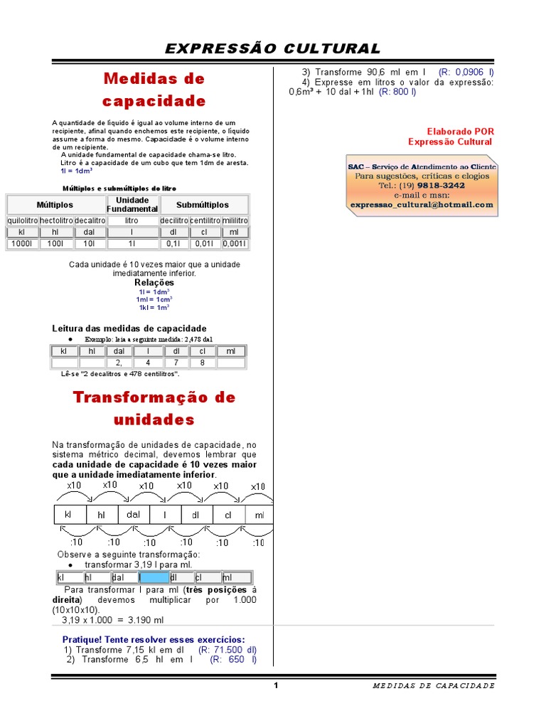 Medidas De Capacidade Doc Litro Quantidade