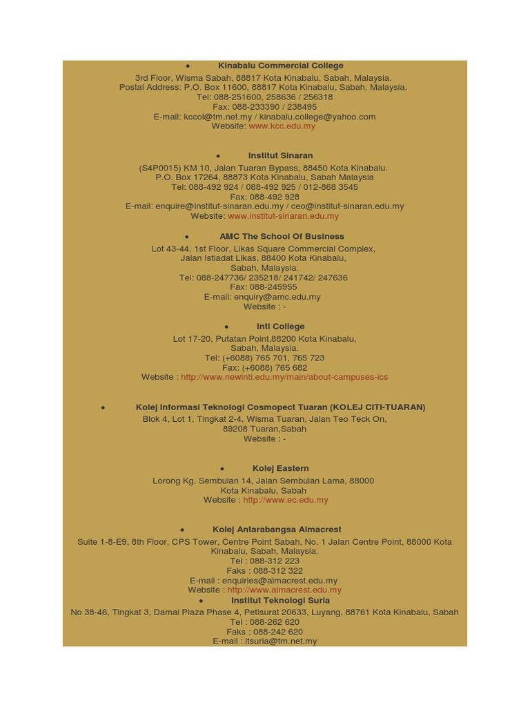 Senarai Kolej Di Sabah | PDF