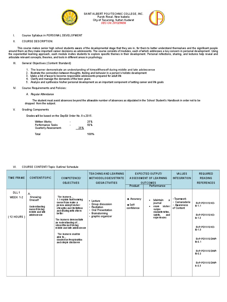Personal Development Course Syllabus | PDF | Adolescence | Learning