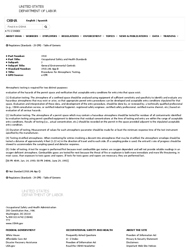 Procedures For Atmospheric Testing. 1910.146 App B PDF Occupational Safety And Health