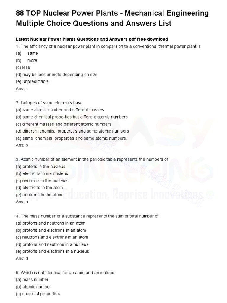 88 TOP Nuclear Power Plants - Mechanical Engineering Multiple Choice ...