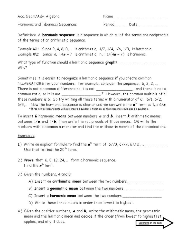 Harmonic and Fibonacci Sequences Worksheet | PDF | Sequence | Fraction ...