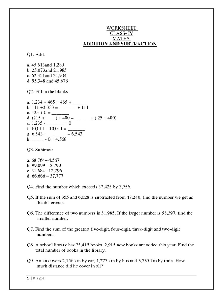 WORKSHEET Cls 4 Add N Subtract | PDF