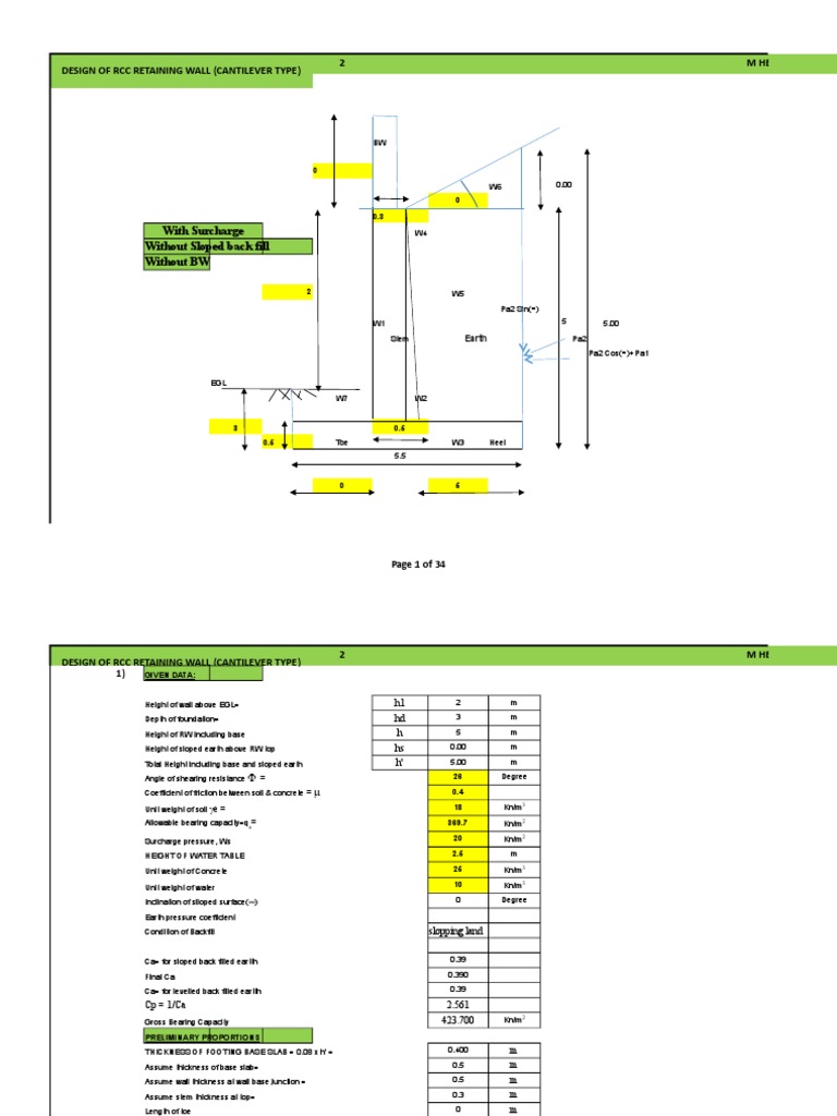 RCC Cantilever Retaining Wall Design | PDF | Solid Mechanics ...