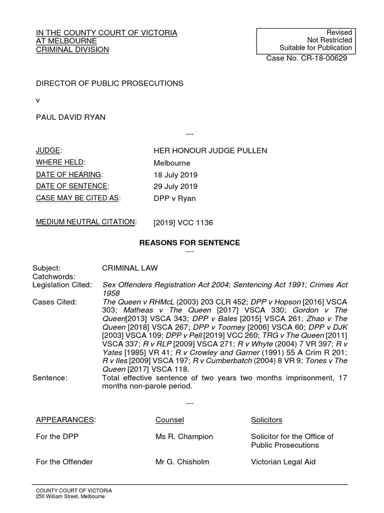 Sentencing in DPP v Ryan Case | PDF | Plea | Sexual Assault