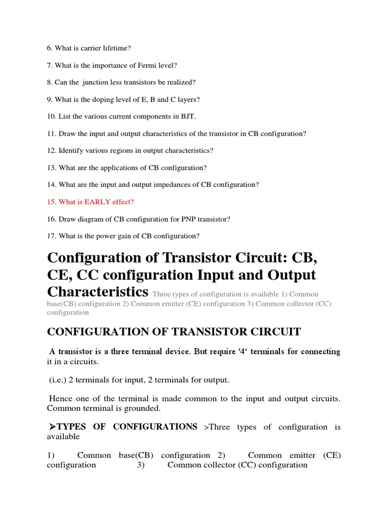 Configuration of Transistor Circuit CB, CE, CC Configuration Input and Output Characteristics