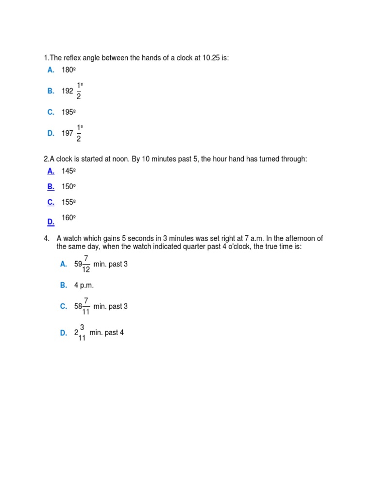 Clock Angle and Time Calculation Quiz | PDF