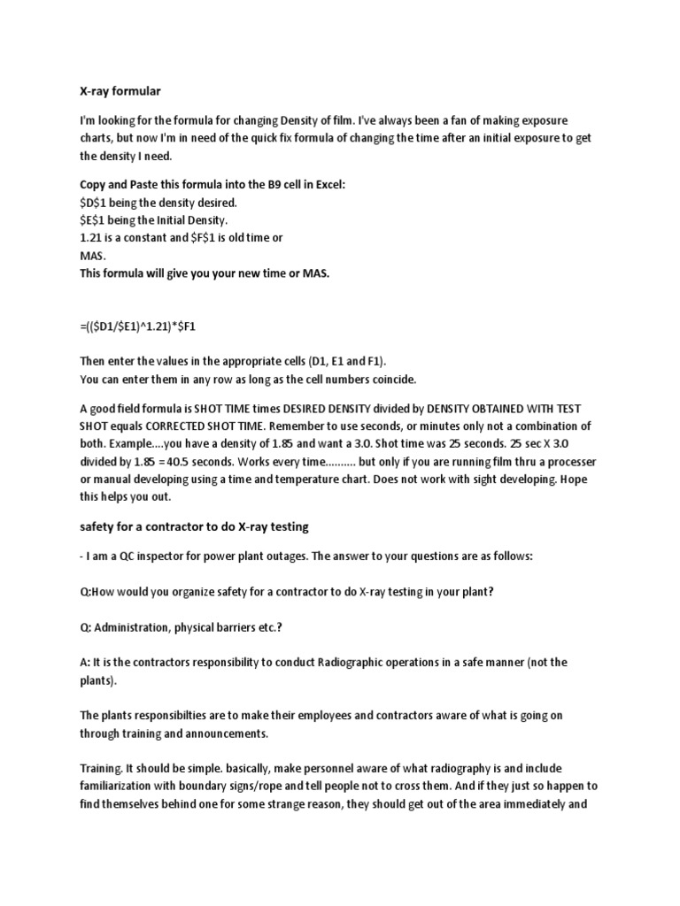 Formula for Adjusting XRay Film Density and Ensuring Safety During On