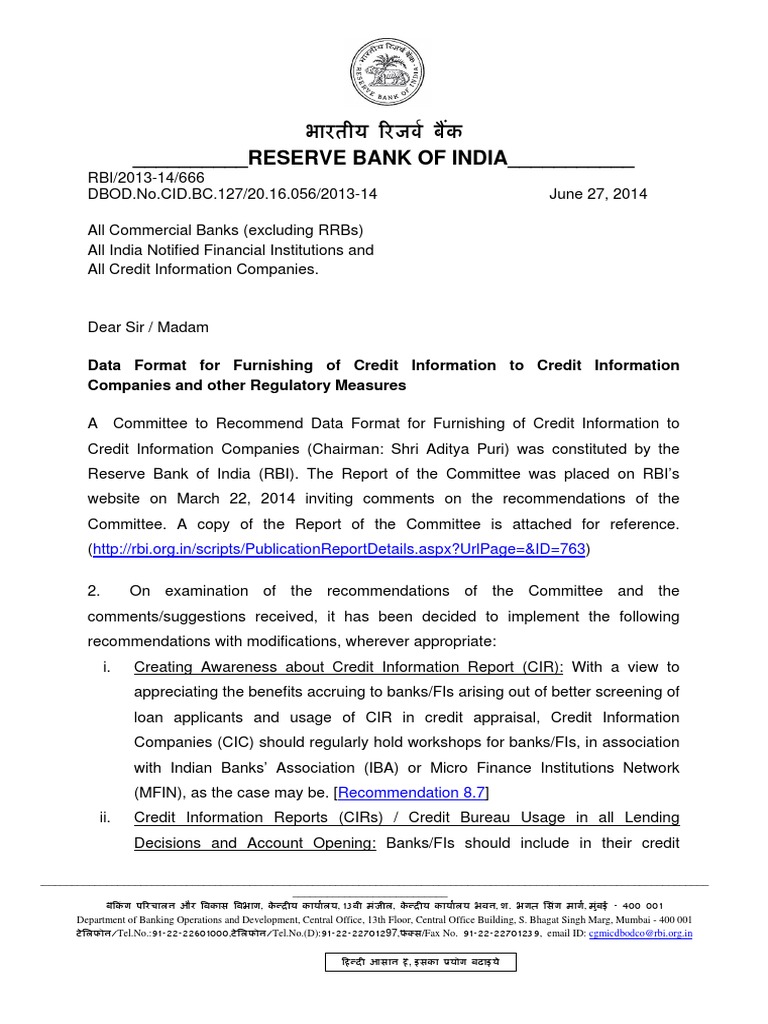 Circular Dated 27.06.2014 Data Format For Furnishing of Credit