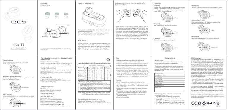 Manual Tws QCY T1 PDF | Headphones | Dangerous Goods