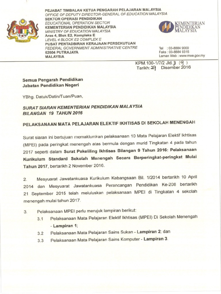 Surat Hebahan 10 Mata Pelajaran Elektif Ikhtisas Mpei