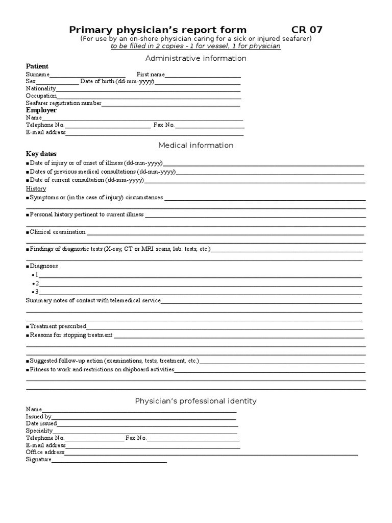 Primary Physician's Report Form CR 07: Administrative Information ...