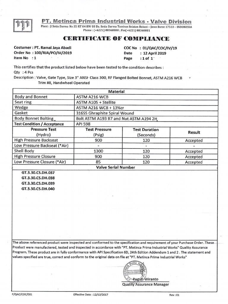Certificate of Compliance PDF Valve Hydraulic Engineering