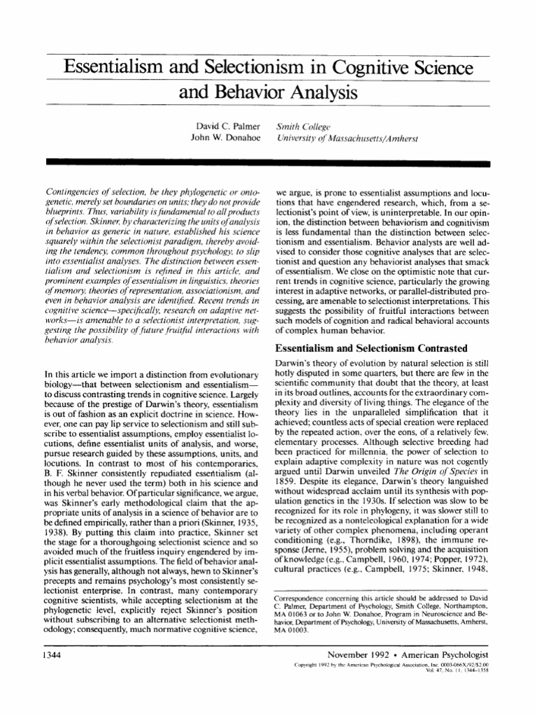 Essentialism and Selectionism in Cognitive Science and Behavior ...