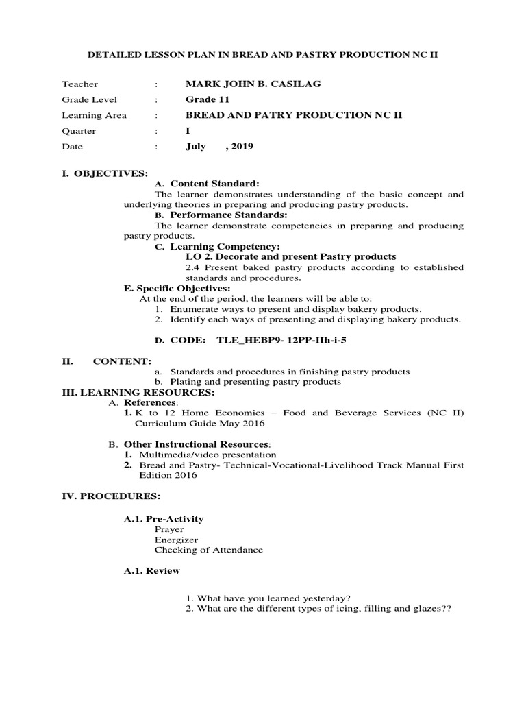 Detailed Lesson Plan in Bread and Pastry Production NC Ii | PDF ...