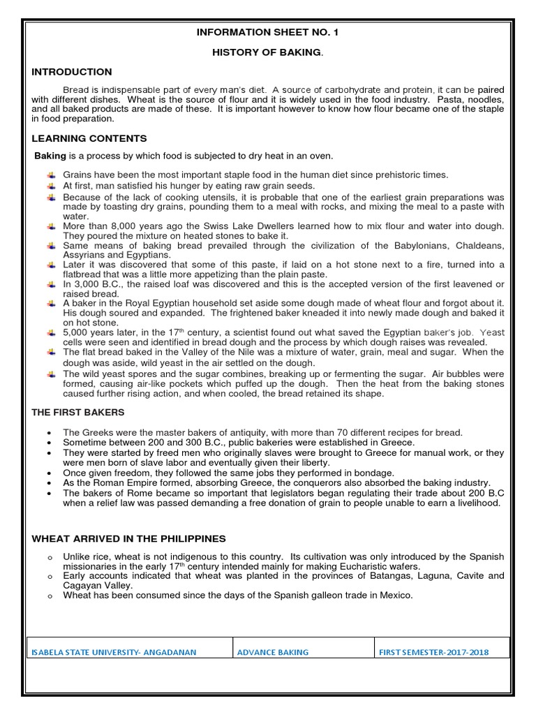 Information Sheet No. 1 History of Baking Baking Is A Process by Which