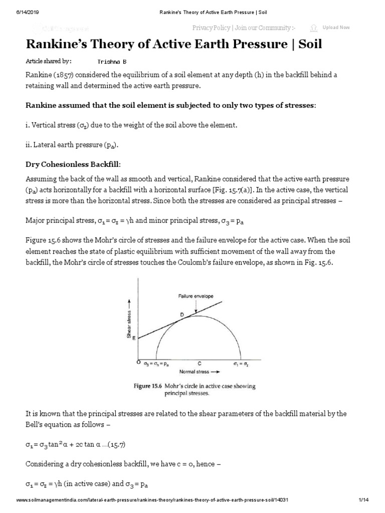 Rankine's Active Earth Pressure Theory | PDF | Pressure | Stress ...