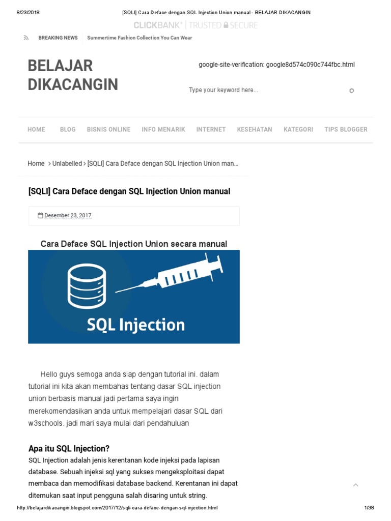Sqli Cara Deface Dengan Sql Injection Union Manual Belajar Dikacangin 1 Pdf