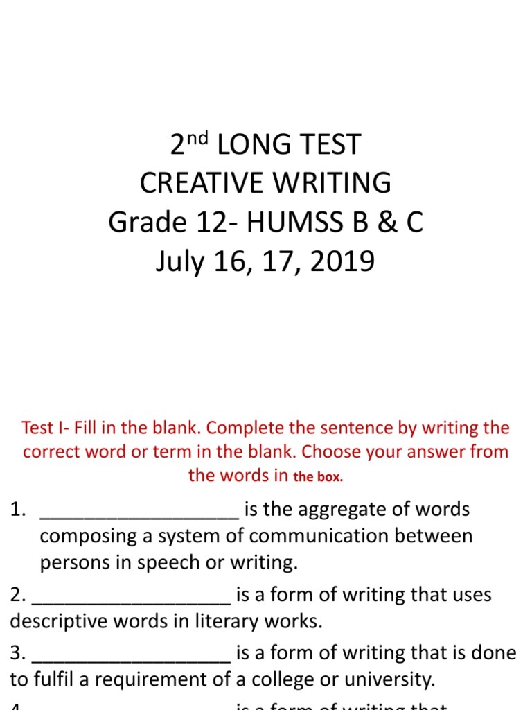 Grade 12 Creative Writing Test Guide | PDF | Poetry | Senses