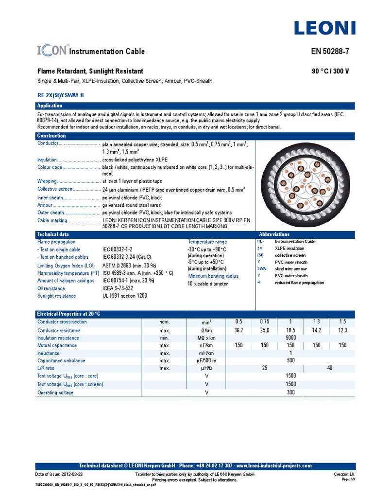 Instrumentation Cable EN 502887 Flame Retardant, Sunlight Resistant