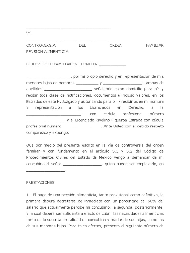 Formato De Demanda Pension Alimenticia Manutención De Los Hijos