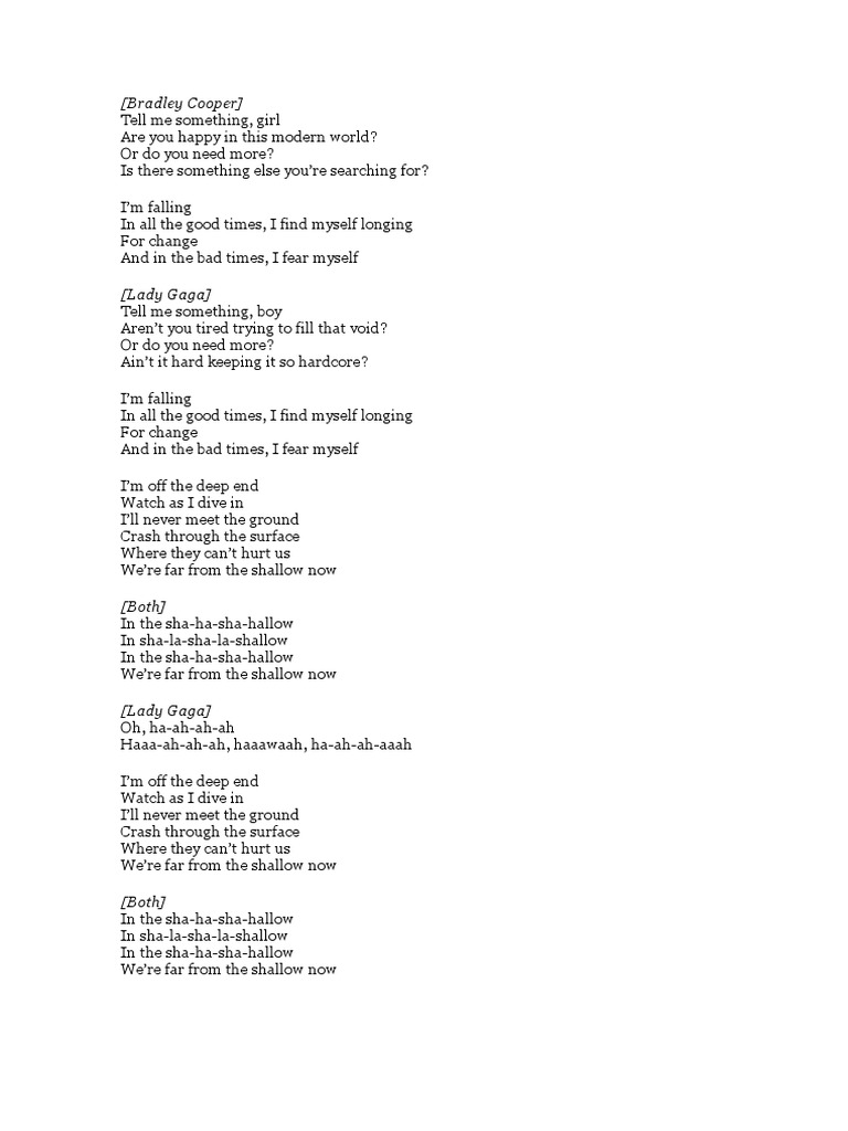 Letra en Ingles. Shallow. Lady Gaga y Bradley Cooper PDF