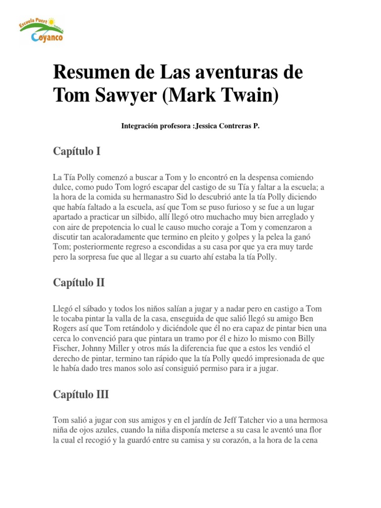 Resumen de Las Aventuras de Tom Sawyer PDF Las aventuras de Tom Sawyer